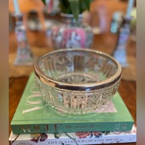 Vintage Raimond Clear Cut Pressed Glass Bowl, Silver Plate Rim, Made in England